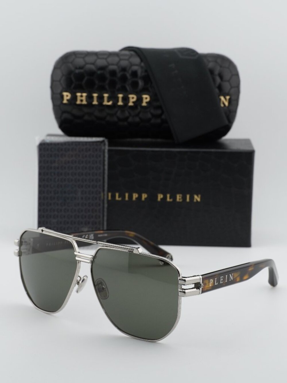 Philipp Plein SPP185 0K07 Aviator Sunglasses – Palladium / Green